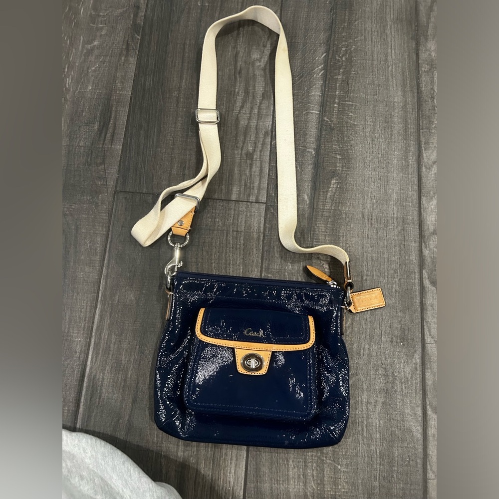Coach Navy Patent Leather Crossbody with Tan Trim